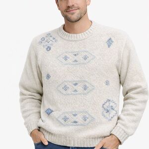 Vintage America Tradition Men's Cream and Blue Patterned Wool Sweater